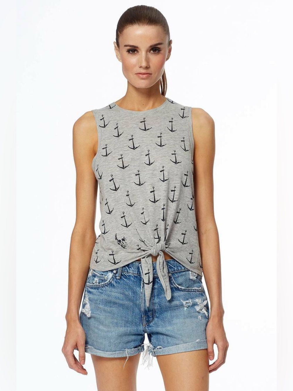 Skull Cashmere | 100% Cotton Gray Anchor Print Tie-Front Tank